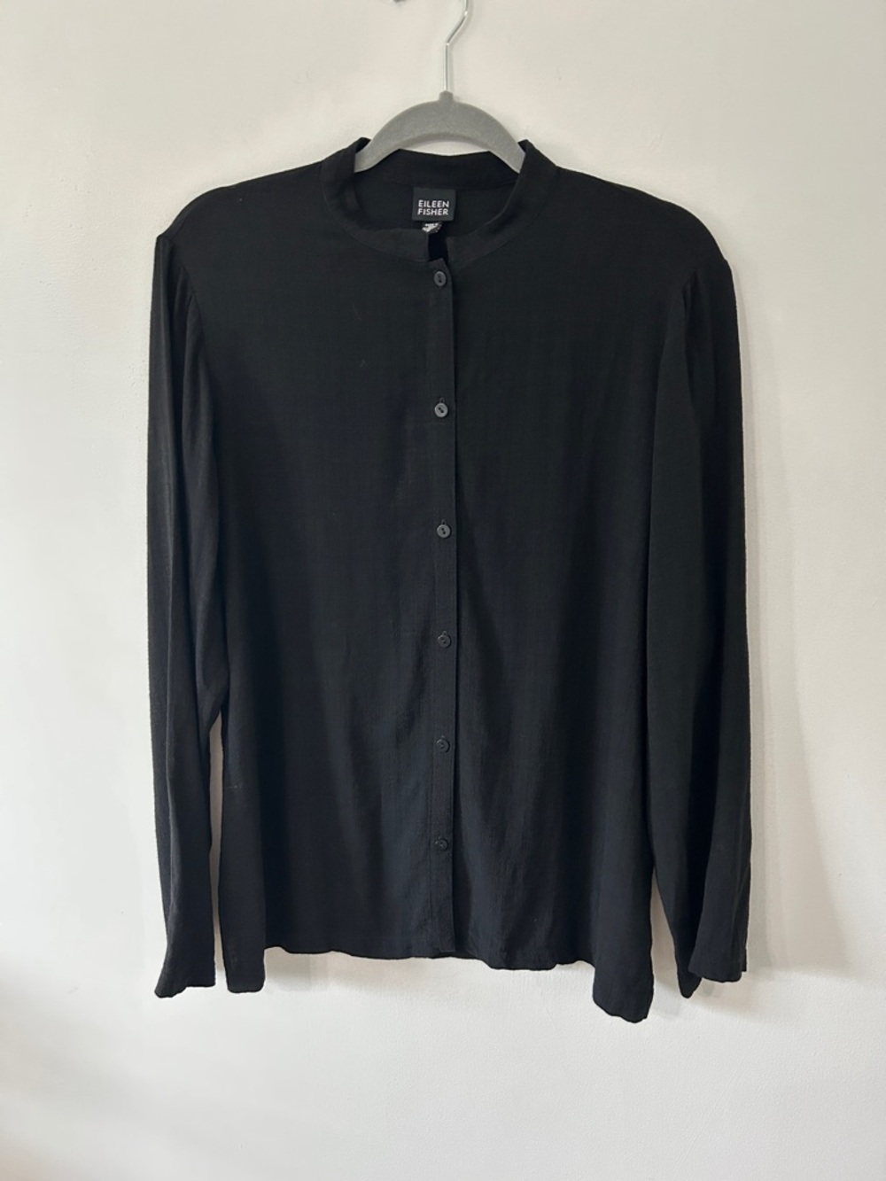 Vintage Eileen Fisher Black Long-Sleeve Mandarin Collar Shirt Medium Linen Blend